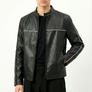 Jaqueta de Couro Masculina Preta com Listra Branca