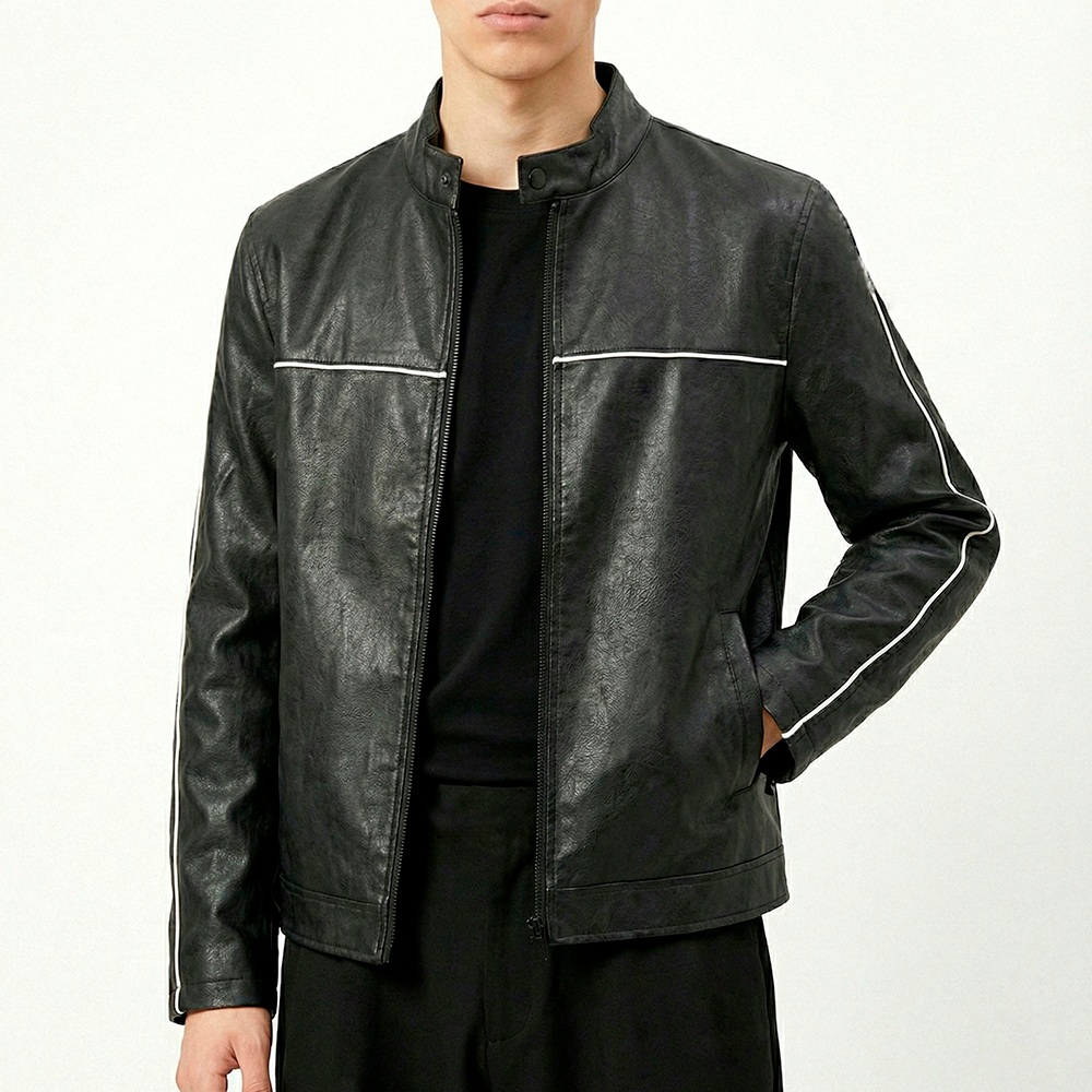 Jaqueta de Couro Masculina Preta com Listra Branca